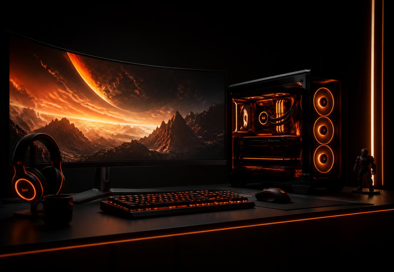 Setup gamer premium com iluminação RGB laranja, monitor ultrawide e PC de alto desempenho